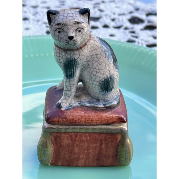 Vintage 1980s Fitz and Floyd Cat Trinket Box Crackle aged Finish - Picture 1 of 9